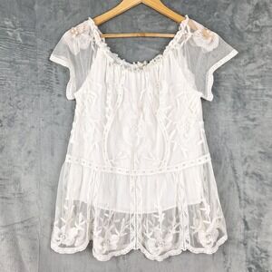Womens Top Medium White Embroidered Boho Chic‎ Floral Sheer Overlay Cottagecore